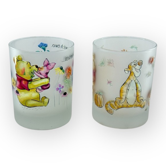 Disney Winnie the Pooh & Friends Frosted Low Ball Glasses Autumn Spring Set of 2 - Picture 1 of 10